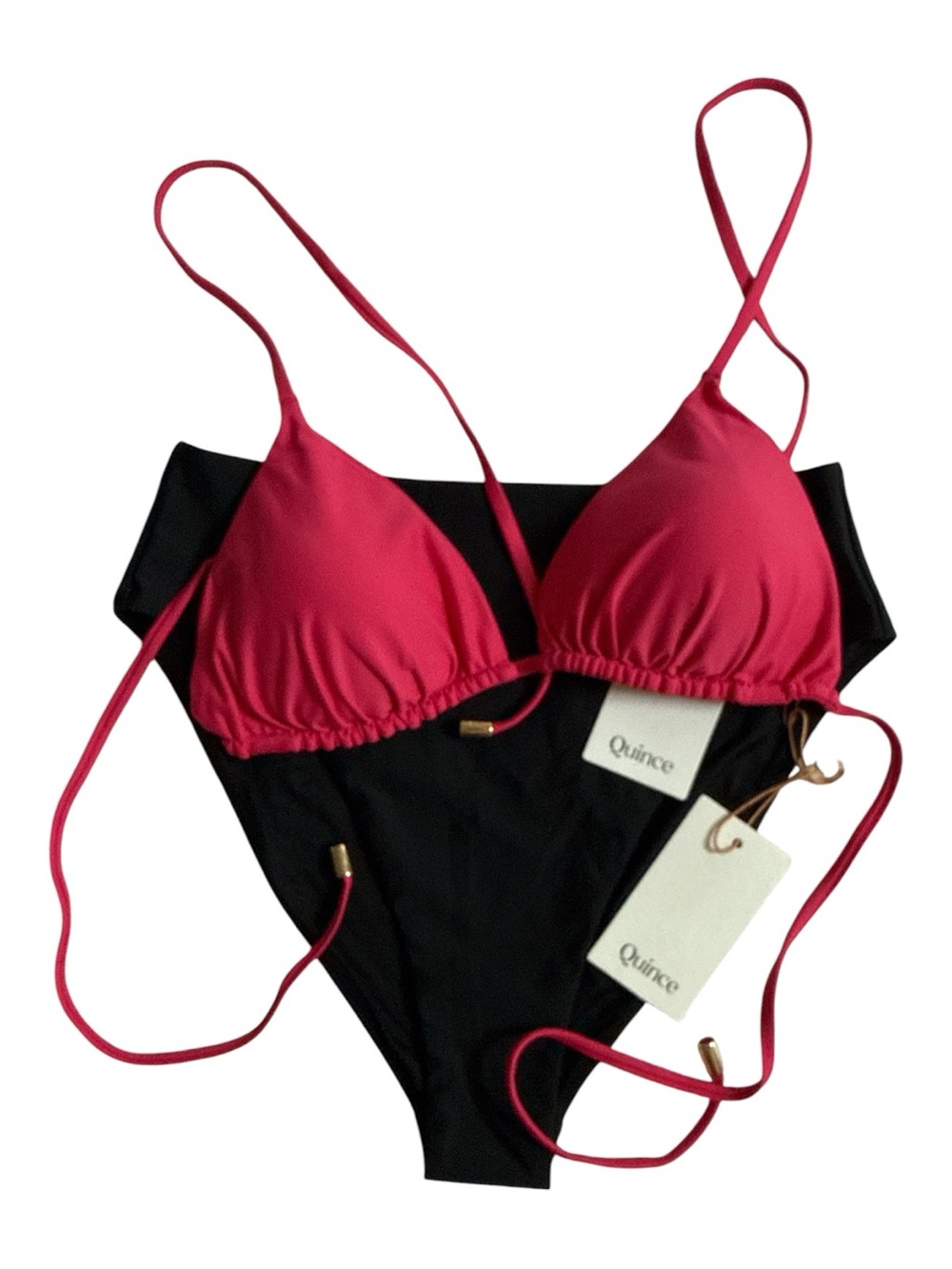 Quince Triangle Top and High Rise High Leg Bikini Set in Hot Pink and Black